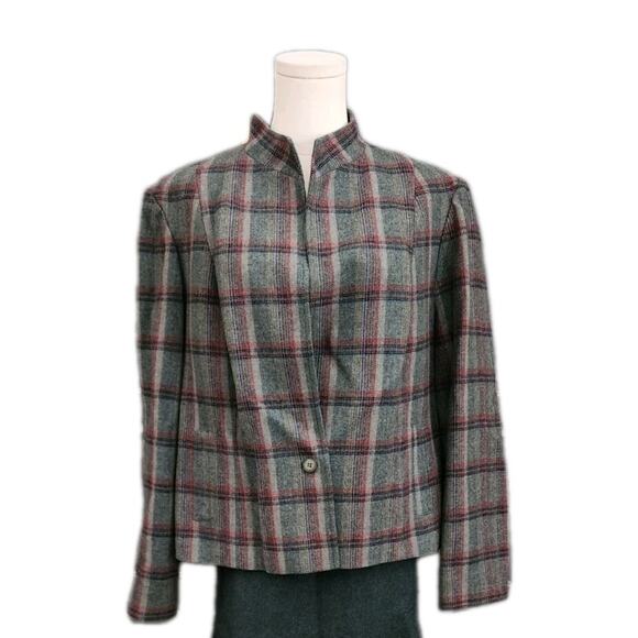 PENDLETON VTG Single Button Blazer Jacket Gray Red Plaid 100% Wool USA Womens XL - Picture 1 of 8